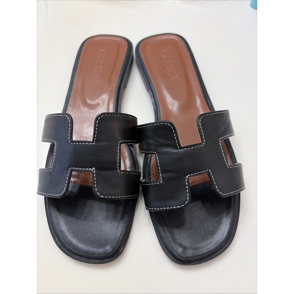 Women’s Flat Slide Sandals Size 39/8.5 Black Camel H Style Square Toe New
